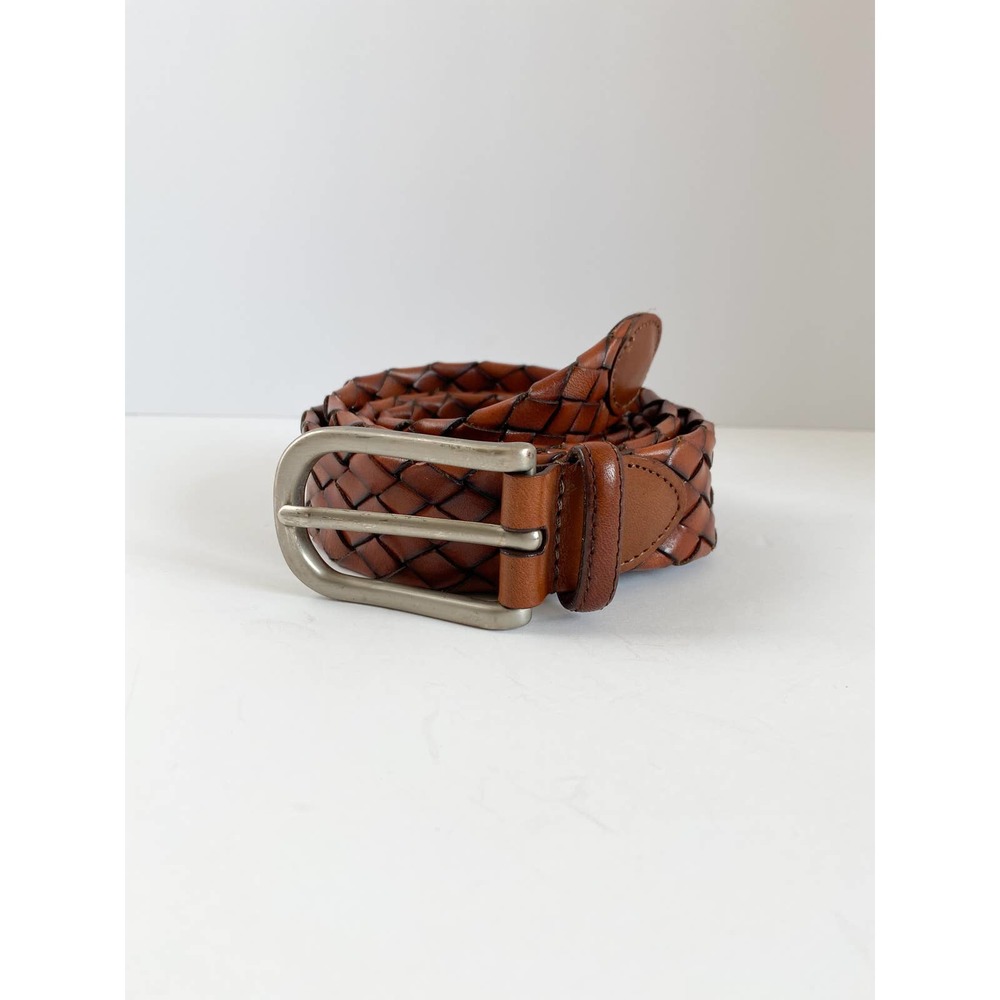 TORINO Men's Handmade Brown Braided Leather Belt with Silver Buckle size 42